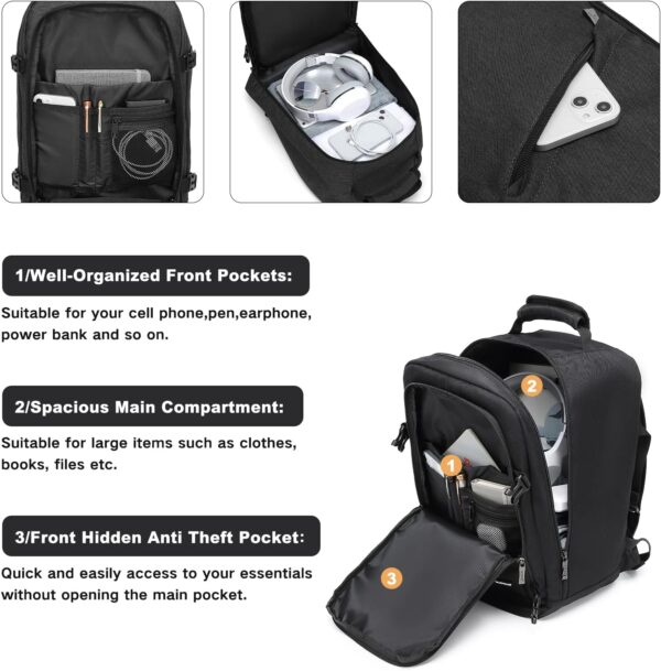 Kono Carry on Backpack, 16" Airplane Approved Under Seat Travel Backpack for Men and Women, Waterproof Lightweight Daypack for Flight 20L (Black, Small) - Image 4