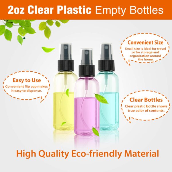 30 Pack 2 oz Fine Mist Mini Clear Spray Bottles with Pump Spray Cap - for Essential Oils, Travel, Perfumes - Refillable & Reusable Empty Plastic Bottles Travel Bottle - Image 5