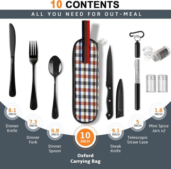 Portable Travel Utensils Set, Travel Camping Cutlery Set, Reusable Stainless Steel Flatware Set with Case for Office School Picnic (Black) - Image 2