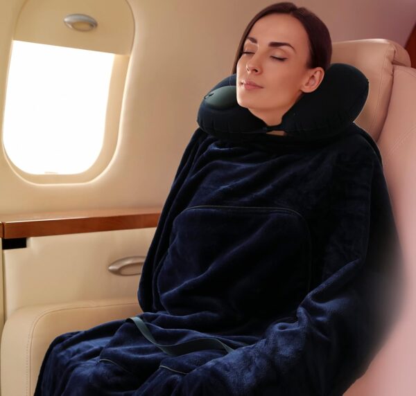 Travel Blanket and Pillow Set - Portable Inflatable Travel Neck Pillow and Premium Soft Airplane Blanket with Built-in Soft Bag, Neck Snaps, Zippered Pouch,and Hand Luggage Strap,70" x 40" (Navy Blue) - Image 6