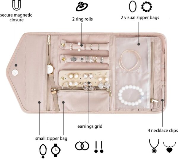 BAGSMART Travel Jewelry Organizer Roll Foldable Jewelry Case for Journey-Rings, Necklaces, Bracelets, Earrings, Soft Pink - Image 3