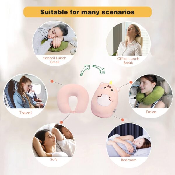 Kids Travel Pillow - 2-in-1 Deformable Kids Neck Pillow for Traveling, Soft U-Shaped Pillow with Adorable Animal Design, Comfy Sleep and Play, Ideal for Airplanes and Cars - Pink Unicorn - Image 6