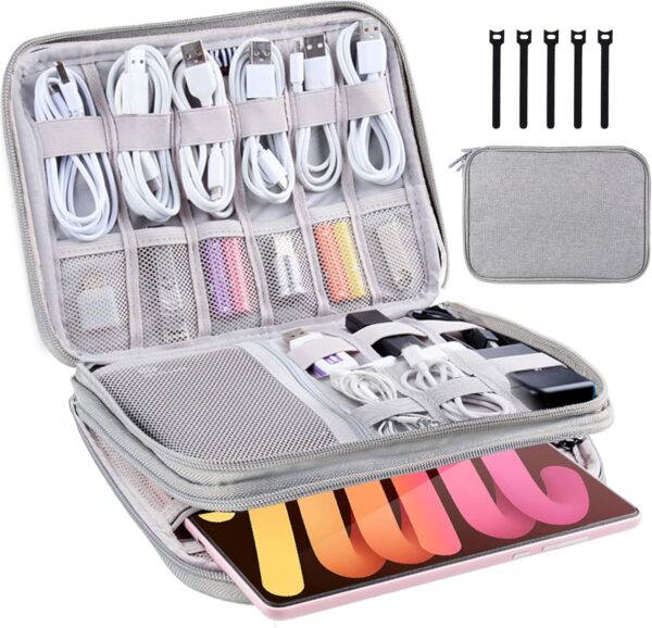 Electronics Organizer Travel Case Cord Cable Charger Organizer Bag Travel Accessories Essentials for Women Men Double Layers Tech Pouch with 5 Cable Ties for Phone Power Bank SD Card USB, Grey