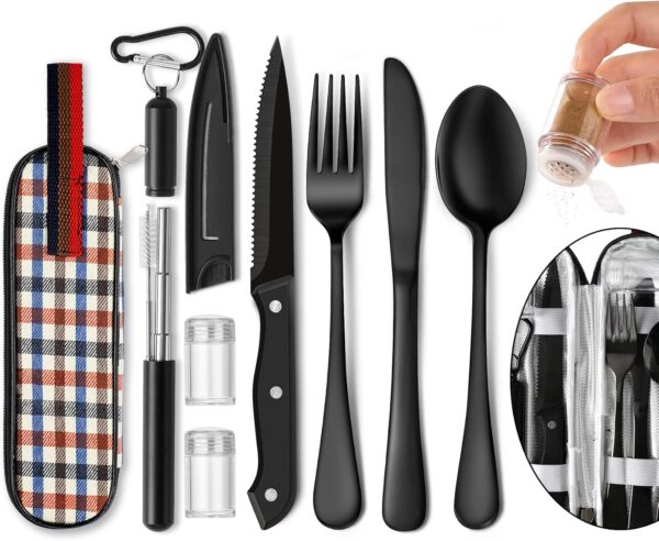 Portable Travel Utensils Set, Travel Camping Cutlery Set, Reusable Stainless Steel Flatware Set with Case for Office School Picnic (Black)