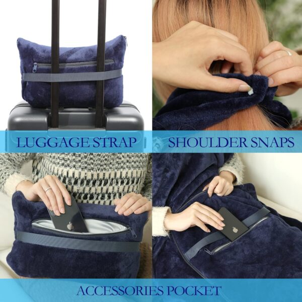 Travel Blanket and Pillow Set - Portable Inflatable Travel Neck Pillow and Premium Soft Airplane Blanket with Built-in Soft Bag, Neck Snaps, Zippered Pouch,and Hand Luggage Strap,70" x 40" (Navy Blue) - Image 3