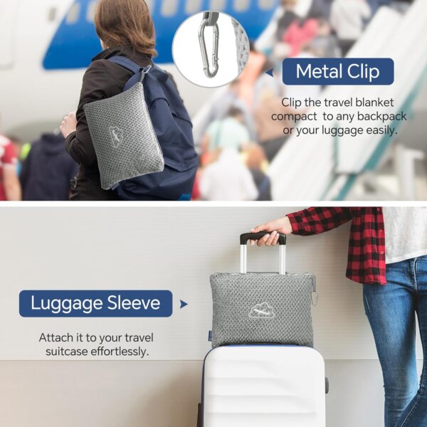 BEDELITE Travel Blanket Airplane Compact with Bag, Portable and Packable 2 in 1 Jacquard Travel Pillow and Blanket Set, Airplane Blanket Travel Essentials with Luggage Sleeve & Backpack Clip, Grey - Image 3