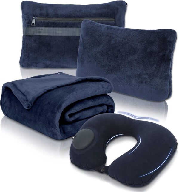 Travel Blanket and Pillow Set - Portable Inflatable Travel Neck Pillow and Premium Soft Airplane Blanket with Built-in Soft Bag, Neck Snaps, Zippered Pouch,and Hand Luggage Strap,70" x 40" (Navy Blue)