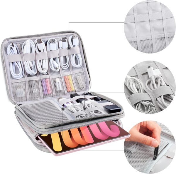 Electronics Organizer Travel Case Cord Cable Charger Organizer Bag Travel Accessories Essentials for Women Men Double Layers Tech Pouch with 5 Cable Ties for Phone Power Bank SD Card USB, Grey - Image 5