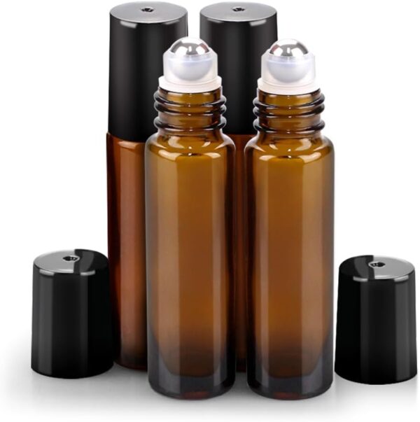 sungwoo 4 Pack Essential Oil Roller Bottles Stainless Steel, 10ml Amber Glass Roller Bottles with Caps for Travel, Perfume and Lip Gloss