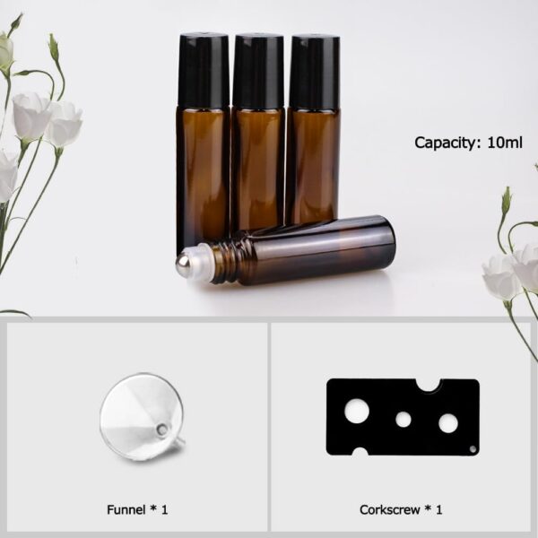 sungwoo 4 Pack Essential Oil Roller Bottles Stainless Steel, 10ml Amber Glass Roller Bottles with Caps for Travel, Perfume and Lip Gloss - Image 2