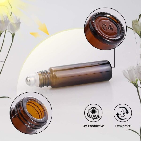 sungwoo 4 Pack Essential Oil Roller Bottles Stainless Steel, 10ml Amber Glass Roller Bottles with Caps for Travel, Perfume and Lip Gloss - Image 4