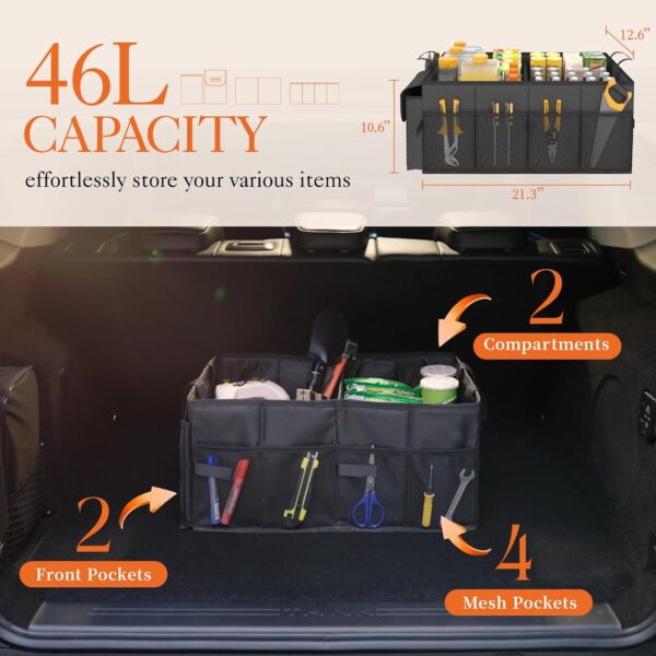 HOTOR Trunk Organizer for Car - Car Organizer, Foldable Trunk organizer for SUVs & Sedans, Sturdy Car Organization for Car Accessories, Tools, Sundries, Black, 2 Compartments, 21.3"×12.6"×10.6" - Image 2