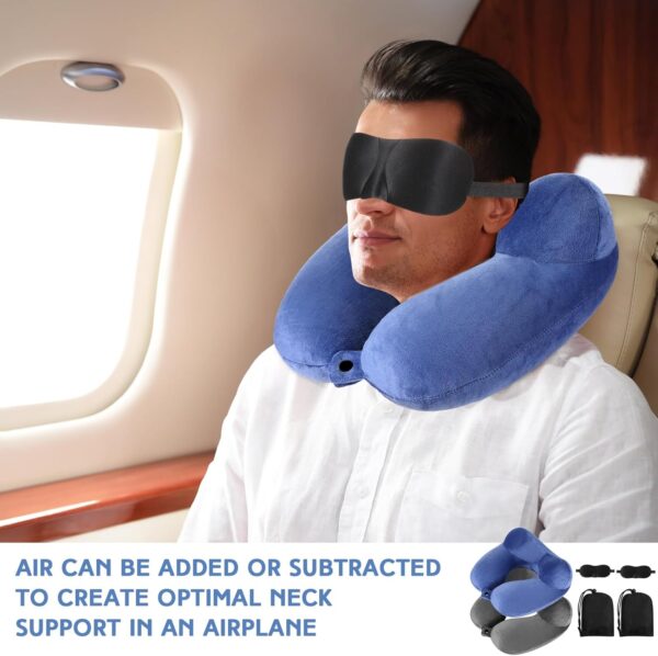 Sintuff 2 Pcs Inflatable Travel Pillow with Compact Bag and Blindfold Velvet Inflatable Neck Pillow Airplane Pillow Washable Cushion for Airplanes Flight Car Long Traveling Kids Adults Grey Blue - Image 4