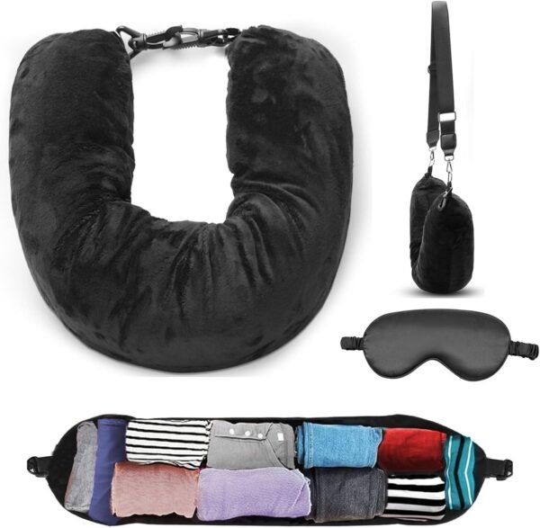 Stuffable Neck Pillow, Travel Neck Pillow Storage Bag for Airplanes, Tube Travel Neck Pillow Stuff with Clothes, No Extra Baggage Fees, Fits 3+ Days of Travel Essentials, No Filler (Black)