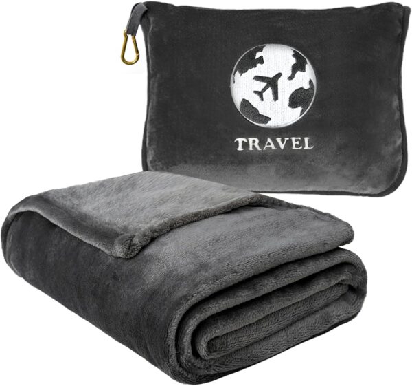 Bnuitland Travel Blanket and Pillow 2 in 1, Soft Flannel Airplane Blanket in Bag Compact-Long Flight Essential for Adults and Kids, Portable Luggage Sleeve and Backpack Clip, 65×40 inch Grey