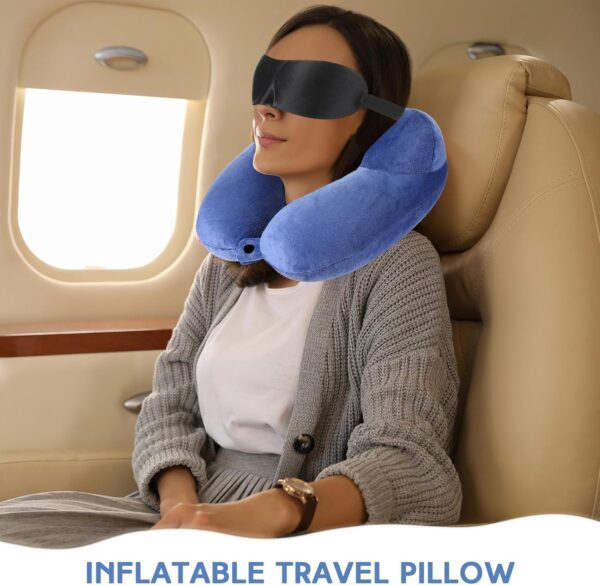 Sintuff 2 Pcs Inflatable Travel Pillow with Compact Bag and Blindfold Velvet Inflatable Neck Pillow Airplane Pillow Washable Cushion for Airplanes Flight Car Long Traveling Kids Adults Grey Blue - Image 5