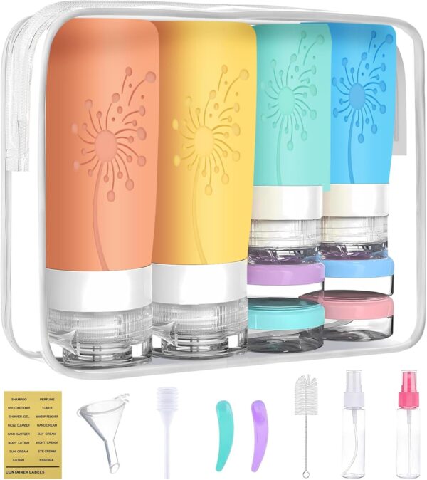 Travel Bottle Set 17pcs Travel Essentials Toiletries Container TSA Approved Leak Proof Silicone Squeezable Containers for Toiletries (Dandelions)