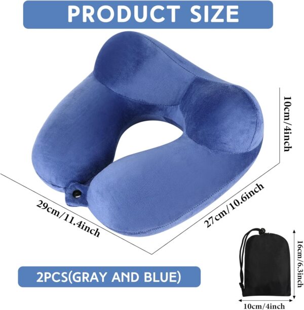 Sintuff 2 Pcs Inflatable Travel Pillow with Compact Bag and Blindfold Velvet Inflatable Neck Pillow Airplane Pillow Washable Cushion for Airplanes Flight Car Long Traveling Kids Adults Grey Blue - Image 2