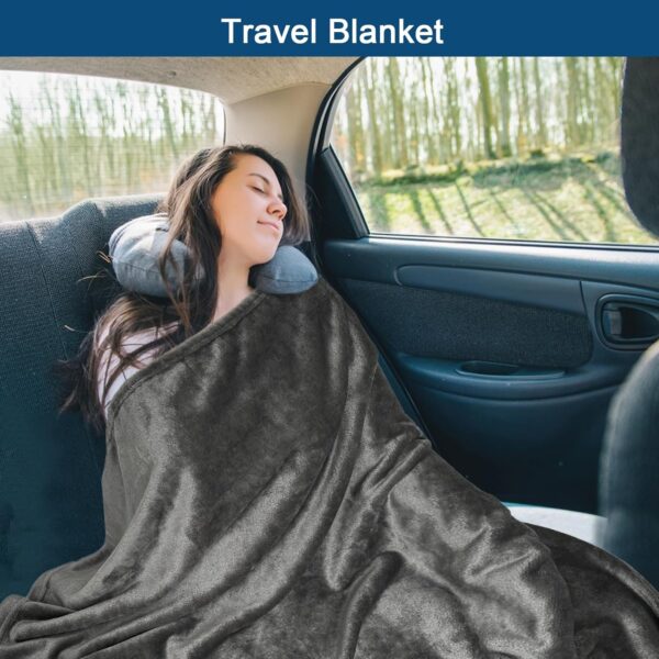 Bnuitland Travel Blanket and Pillow 2 in 1, Soft Flannel Airplane Blanket in Bag Compact-Long Flight Essential for Adults and Kids, Portable Luggage Sleeve and Backpack Clip, 65×40 inch Grey - Image 6