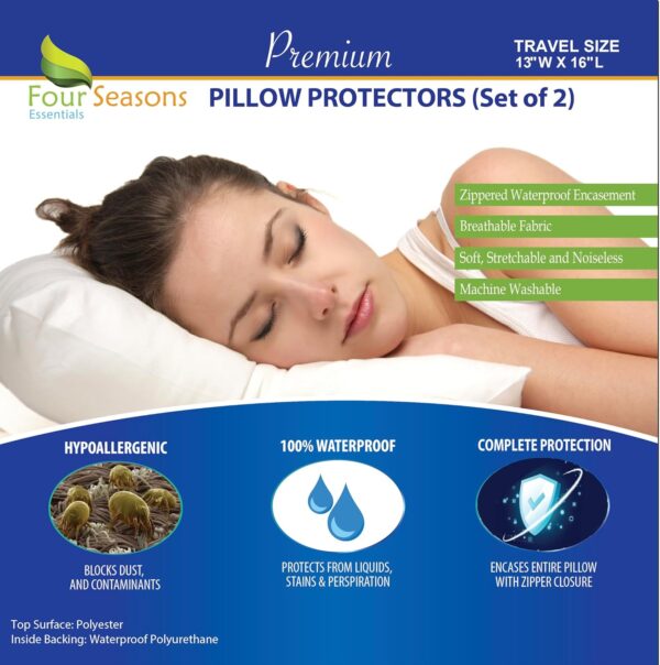 Travel Size Pillow Protectors (Set of 2) - 13x16 Pillow Covers Waterproof Hypoallergenic Dust Proof Zippered Encasement