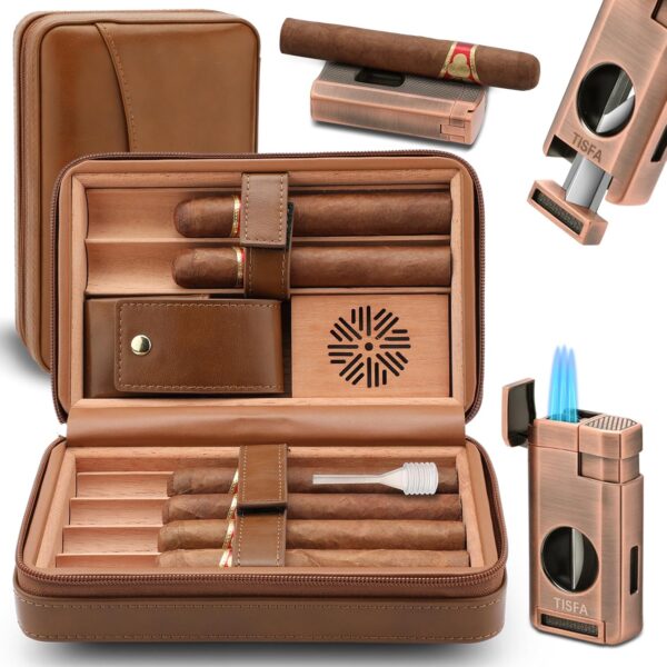 TISFA Cigar Humidor, Leather Cedar Wood Cigar Case with Cigar Lighter, V Cut Cigar Cutter, Cigar Holder 3 in 1, Portable Travel Cigar Humidor Box with Humidifier (Brown)