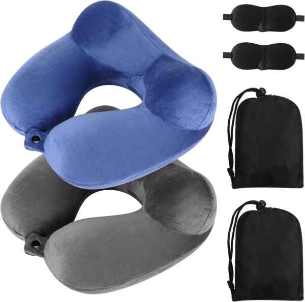 Sintuff 2 Pcs Inflatable Travel Pillow with Compact Bag and Blindfold Velvet Inflatable Neck Pillow Airplane Pillow Washable Cushion for Airplanes Flight Car Long Traveling Kids Adults Grey Blue