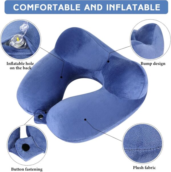 Sintuff 2 Pcs Inflatable Travel Pillow with Compact Bag and Blindfold Velvet Inflatable Neck Pillow Airplane Pillow Washable Cushion for Airplanes Flight Car Long Traveling Kids Adults Grey Blue - Image 3