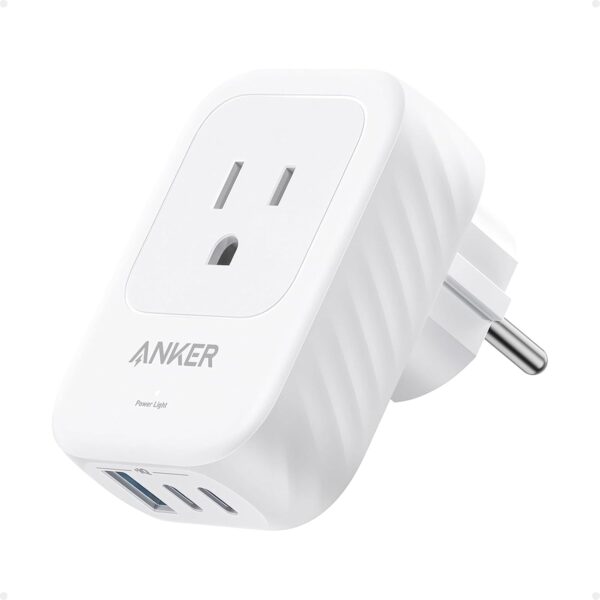 Anker European Travel Plug Adapter, 15W USB-C Power Plug, Fits Type E/F Sockets with 2 AC Outlets, 2 USB C & 1 USB A Port, Compact for iPhone 15, iPad, and More (Not Compatible with Type L/G Sockets)