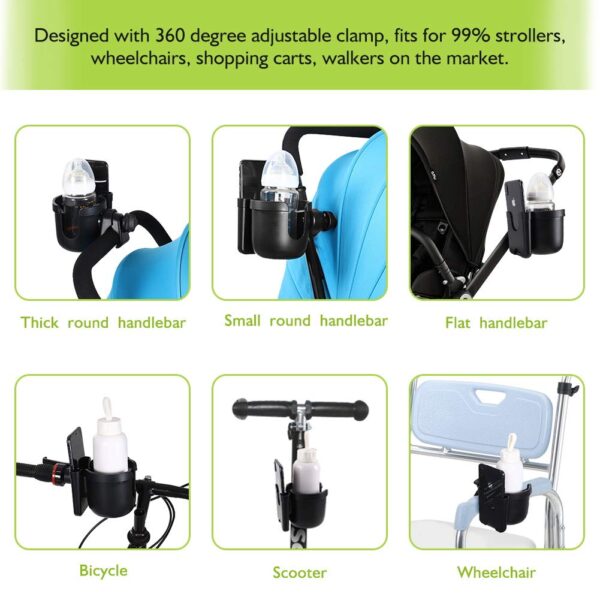 Accmor Stroller Cup Holder with Phone Holder, Bike Cup Holder, Universal Cup Holder for Uppababy Nuna Doona Strollers, 2-in-1 Cup Phone Holder for Stroller, Bike, Wheelchair, Walker, Scooter - Image 7