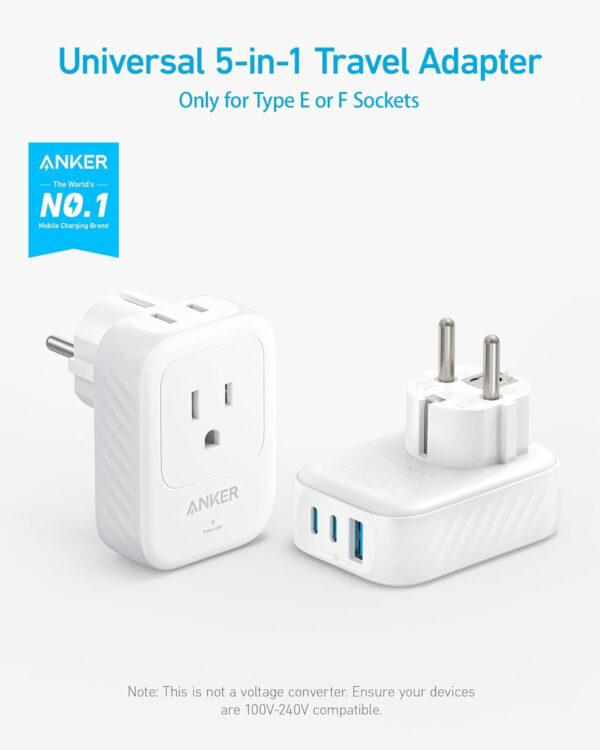 Anker European Travel Plug Adapter, 15W USB-C Power Plug, Fits Type E/F Sockets with 2 AC Outlets, 2 USB C & 1 USB A Port, Compact for iPhone 15, iPad, and More (Not Compatible with Type L/G Sockets) - Image 2